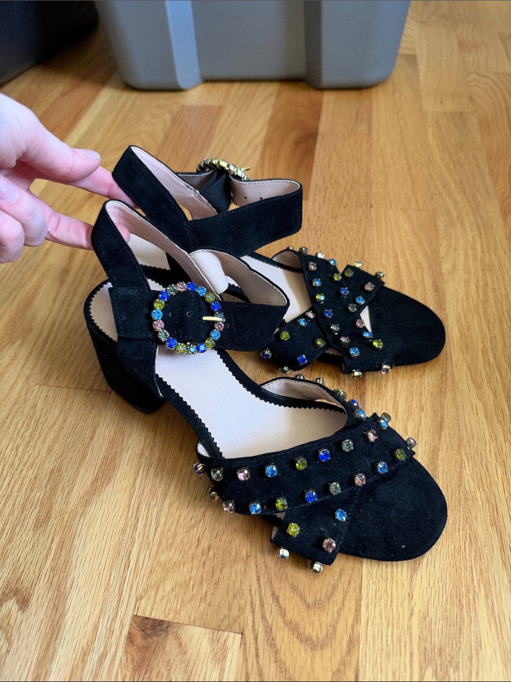 Jcrew Black Embellished Suede Block Heel Sandals